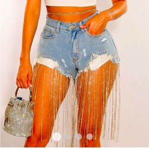Azalea Wang denim shorts with rhinestone fringe